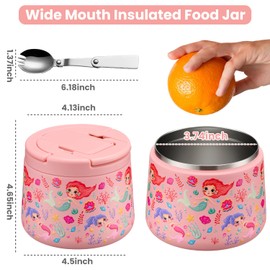Itslife Thermal Food Container, 420 ml, Stainless Steel Food Storage Container with Lid and Spoon, Thermal Lunch Box, Children, Leak-Proof, Food Container for Picnics, Schools and Offices, Mermaid
