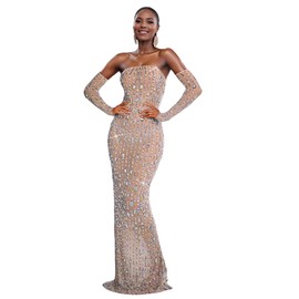 Nagfar Women Rhinestone Craft Tube Top See Through Long Dress Prom Evening Birthday Party Cocktail New Years(S7021-Beige-XXL)