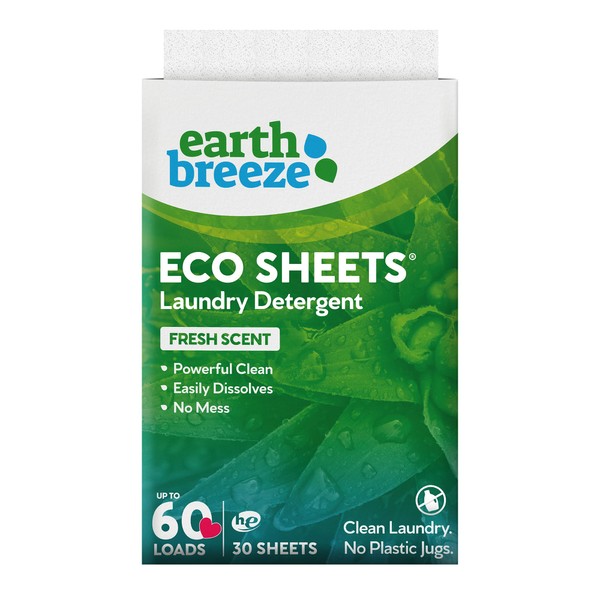Earth Breeze Laundry Detergent Sheets - Fresh Scent - No Plastic Jug (60 Loads) 30 Sheets, Liquidless Technology…