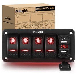 Nilight 4 Gang Rocker Switch Panel Red Backlit with 4.8 Amp Dual USB Charger Voltmeter Waterproof 12V 24V DC Rocker Switch with Night Glow Stickers for Car Trucks Boats RVs
