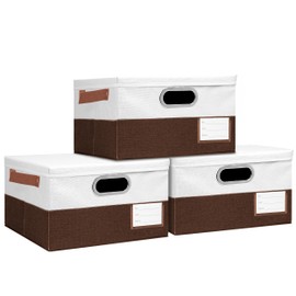 Foldable Fabric Storage Boxes with Lids, Collapsible Versatile Bins Baskets Cubes with Handles for Easy Organization in Closet, Living Room, and Bedroom (Brown & White, 3PCS/11.4*8.6*6.7in)