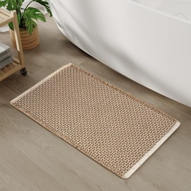 PADOOR Checkered Bath Mat, Super Absorbent Non Slip Bath Mats for Bathroom Floor 3D Two Tone Woven Bathroom Mat with Tassels Machine Washable Bathroom Rugs Beside Tub, 17" x 24", Brown & Cream