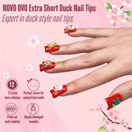 NOVO OVO Duck Feet Nail Tips for Small and Medium Hand, Extra Short Full Cover Press On Acrylic, Clear Full Coverage Thick Flare French Soft Gel Fake False Nail Extension x 12 Sizes 120 pcs