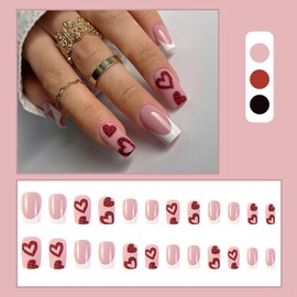 Valentines Day Nails French Press on Nails Medium Square RIICFDD Pink Fake Nails with Red Heart Designs Glossy Full Cover False Nails Glue on Nails for Women Girls Heart Nails 24 Pcs