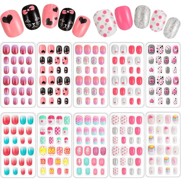 240 Pieces Children False Nails Kids Girls Press on Short Artificial Fake Nails Cute Pre Glue Full Cover Acrylic Nail Tip Kit for Children Little Girls Nail Decoration, 10 Boxes (Pink Heart)