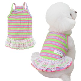 Winmany Dog Summer Clothes Puppy Sleeveless Striped Vest T-Shirt Pet Cat Tutu Skirt Dresses for Small Medium Cat Dog (Green, M)