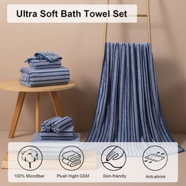 4 Piece Navy Cabana Stripe Large Bath Towels Oversized Bath Sheet Super Soft Breathable Jumbo Bathroom Towels Highly Absorbent Shower Towel Quick Dry Beach Chair Towel Spa Gym Hotel Towel Set