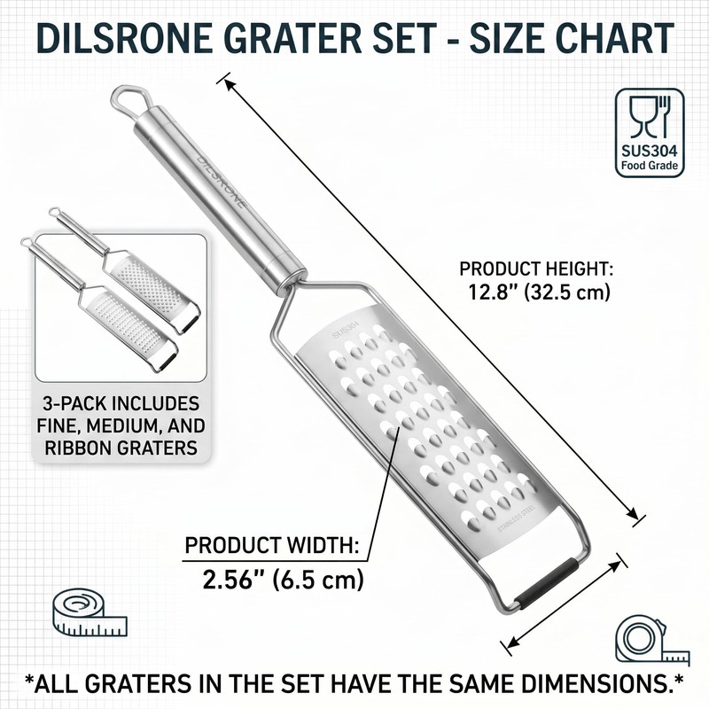 3-Piece Hand Cheese Grater Set, 18/8 Stainless Steel, Dishwasher Safe