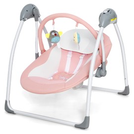 INFANS Baby Swing for Infants, Compact Portable Baby Electric Rocker for Newborn with 5 Speed Natural Sway Music Timing 2 Toys Remote Control, Easy Fold, 0-6 Months Boy Girl (Light Pink)