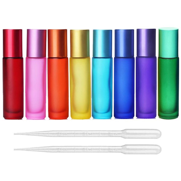 8 Pieces 10ml Frosted Glass Roll On Bottles Colorful Thick Glass Massage Roller Bottles Refillable Roller Bottles Tube Vials Containers with 2 Pcs 3ml Dropper for Essential Oils Aromatherapy Perfumes