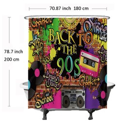 Ulticool Shower Curtain - 90s Party Vintage Graffiti Nineties Cassettes - 180 x 200 cm - Washable - Anti Mould - with 12 Rings - Multicoloured