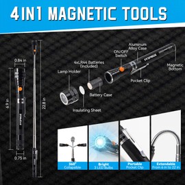 Magnetic Pickup Tool and 6 in 1 Multitool Pen with Touch Screen Stylus, Rulers, Bubble Level, Flathead, Phillips Screwdriver, Ballpoint Pen, Fathers Day Dad Gifts, Gifts for Men, Him, 2 Pack