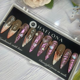 -Press -on -Nail Handmade 3D Gel Flowers with Rhinestones -Fake Nails, False Tip For Women Girls Full Cover Short & Medium Almond Nails, Quick & Easy (Lager Bow 2#, Size M)