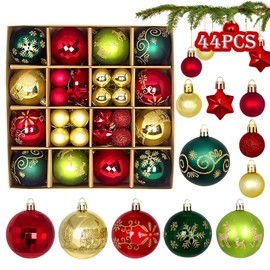 Set of 44 Christmas Baubles Red Green Gold Diameter 6/4.3/3 cm Christmas Decoration Baubles with Hooks, Pendant Christmas Tree Baubles Plastic Christmas Tree Baubles for Christmas Party Christmas