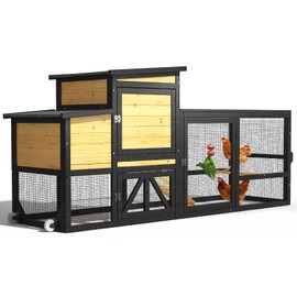 TIMHAKA 80'' Chicken Coop with Nesting Box, Outdoor Duck Coop, Chicken House for Outside, Wooden Chicken Coops with Run & Waterproof Asphalt Roof, Wheels, Removable Tray and Hanging Chicken Feeder