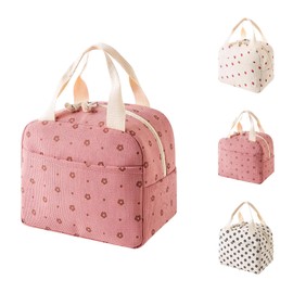 SUOXU Large Capacity Corduroy Insulated Lunch Bag for Adults Kids, Thermal Tote for Work School Picnic, Leak Proof Cooler Bag with Handle, Cute Floral Print Lunch Box (Pink - Flower)