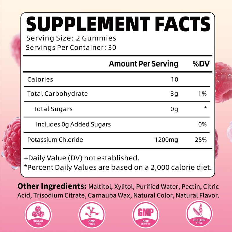 Potassium Gummies, Potassium Chloride Gummies 1200mg for Adults, Sugar-Free Potassium