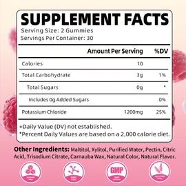 Potassium Gummies, Potassium Chloride Gummies 1200mg for Adults, Sugar-Free Potassium Supplement Support Leg Cramps & Electrolyte Balance, Raspberry Flavor, 60 Count