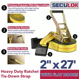 SECULOK 2" x 27' Heavy Duty Ratchet Tie Down Straps w/Flat Hooks, 3,333 Lbs WLL Cargo Control for Trucks & Trailers, 2 Inch Durable Straps for Motorcycle, ATV & Boat Transportation, 2 Pack