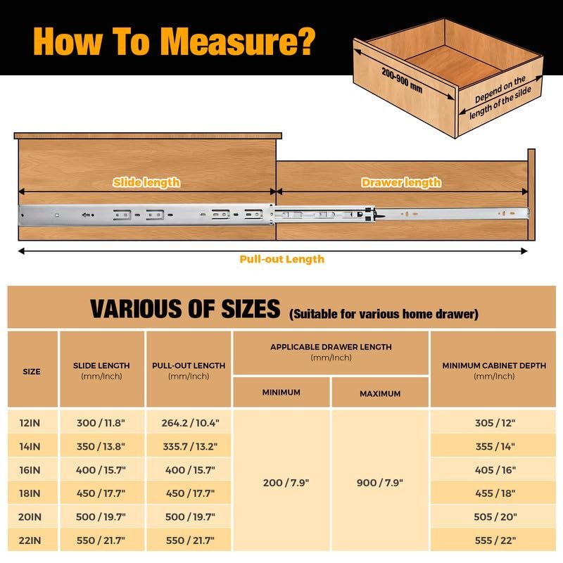 22 Inches Drawer Slides - 2 Pairs Soft Close Drawer