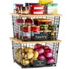 2 Set XXL Stackable Wire Basket with Bamboo Tops &