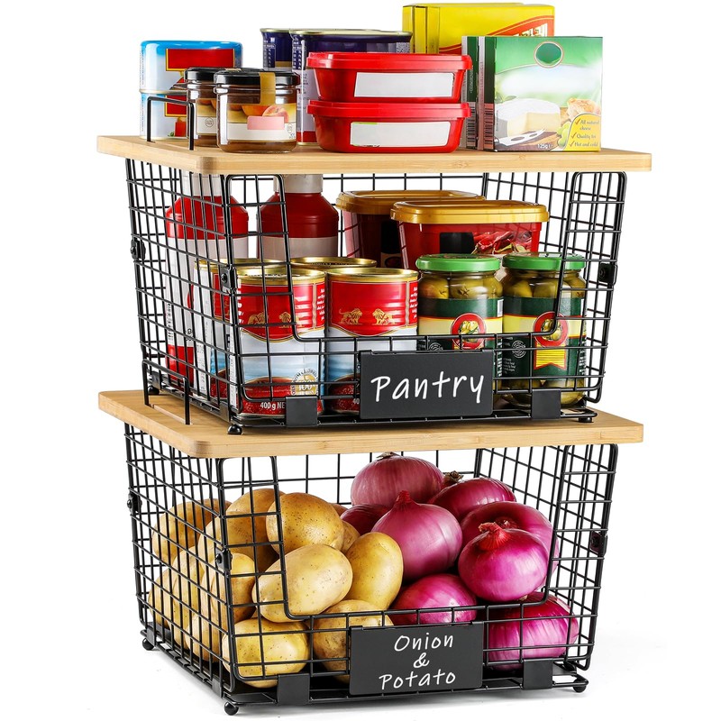 2 Set XXL Stackable Wire Basket with Bamboo Tops &