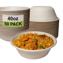 [50 Pack] 40 oz Round Disposable Compostable Paper Bowls Heavy-Duty, Eco-Friendly Natural Bagasse Unbleached, Heat Resistant, 100% Biodegradable Salad Bowls Alternative to Plastic