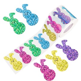 500 PCS Bling Sparkly Easter Bunny Stickers - 1.5'' x 0.8'' Large, 1 Roll of 5 Colors | Easter Basket Essentials Stuff, Waterproof Self-Adhesive Rabbit Stickers for Holiday Cards Boxes Seal Envelopes