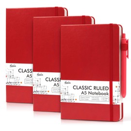 feela 3 Pack Notebooks Journals Bulk with 3 Black Pens, A5 Hardcover Notebook Classic Ruled Lined Journal Set with Pen Holder for Work Business Journaling Note Taking, 120 GSM, 5.1”x8.3”, Red