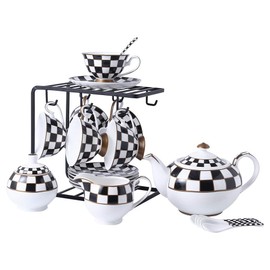 Porlien Checker Pattern 17-Piece Tea Set for 6 with Teapot, 5-ounce Teacups and Saucers, Milk Jug & Sugar Bowl（Without Rack)