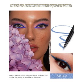 Metallic Shimmer Liquid Eyeliner Pen, Blue Glitter Waterproof Eyeliner, Long-Lasting Sparkling Eyeliner Colourful, Quick-Drying Eyeliner Ultra Fine Nib, Highly Pigmented Smudge-proof Eye Make-Up 09#