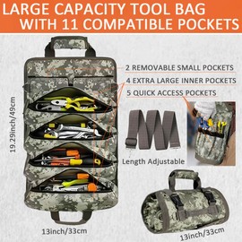 Tool Bag Roll Up, Heavy Duty Rolled Empty Tool Storage Organization, Portable Foldable Rollup Organizer with 2 Small Pouches, Rollable Carrying Toolbag, Dad Men Mechanic Birthday Gifts (Camouflage)