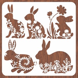 INFUNLY Easter Rabbit Stencil for Painting 11.8x11.8" Happy Spring Flower Wall Stencils Washable Plastic Bunny Rabbit Drawing Stencils Painting Templates on Wood for Wall Art DIY Home Decor