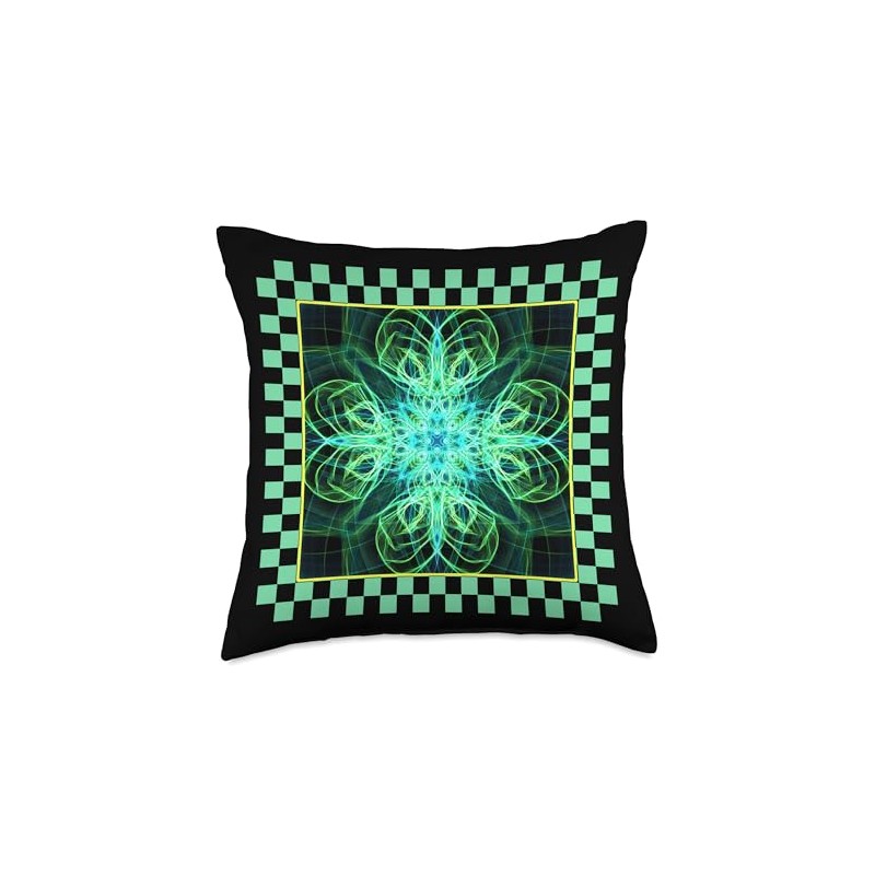 Green Light Star Checkerboard Spirograph Kaleidoscope Mirror Throw Pillow