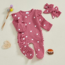 Xiaodriceee My First Valentines Day Baby Girl Outfit Ruffle Heart Romper Waffle Jumpsuit Knit Sweater Onesie Valentines Baby Girl Outfit (A-Red, 3-6 Months)