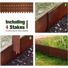 Worth Garden 3-Pack Pre-Rusted Cor-Ten Steel Landscape Edging - 40" L x 5.5" H Each (10ft Total) - No-Dig Hammer-in Heavy Duty 14-Gauge Metal Edging Border w/ 4 Clips & Gloves - Edge for Lawn Yard