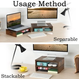 TEAMIX Monitor Riser - 2 Pack, Rustic Brown Wood Adjustable Stand for 2 Monitors/Laptop/PC