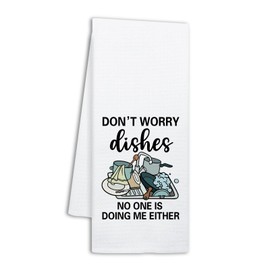 NAHMAKNE Funny Kitchen Towels for Women, Don't Worry Dishes No One is Doing Me Either, Humorous Saying Dish Towels for Kitchen Decor, Sweet Housewarming Gifts, Hostess Gifts for Mom Wife Grandma