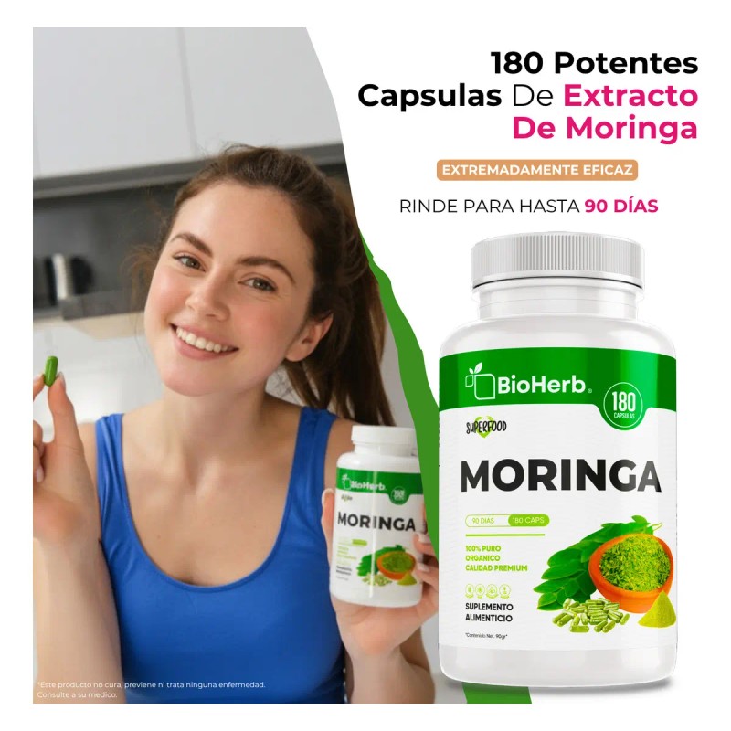 Bioherb Moringa 100 Pura Extremadamente Eficaz 180 Cápsulas 500 Potente