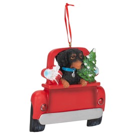 Dachshund in Vintage Truck Holiday Red, Black, and White 5.5 Inches Resin Ornament