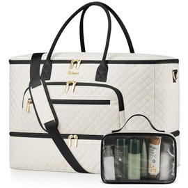 CLOKARS Travel Duffle Bag, Wide Open Large Weekender Bag for Women with Shoe Compartment, Carry on Overnight Bags with Toiletry Bag, Hospital Bag for Women Labor Delivery with Wet Pocket (Beige Black)