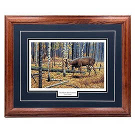 NorthernPromotionsLLC Deer Wall Art Hunting Decoration, Hardwood Picture Frame - Wildlife Print Painting Decor - Dark Oak Frame, Blue Mat, Ready to Hang - Territorial Grounds Cynthie Fisher 17x21
