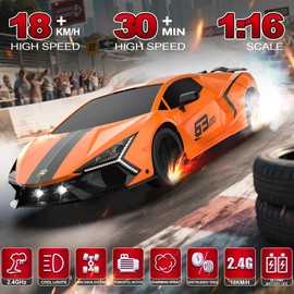 RC Drift Car, 1:16 Remote Control Car 2.4Ghz High Speed RC Cars 4WD Racing Sport Toy Cars with LED Lights, Spray, Drifting Tires, 2 Batteries for Kids Boys Girls Adults Birthday Christmas