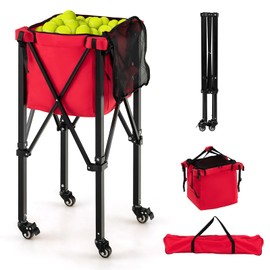 GYMAX Tennis Ball Hopper, Folding 150 Tennis Ball Holder Cart with Carry Bag, Easy Assembly Frame, Removable Bag & 4 Universal Wheels, Portable Durable Tennis Ball Basket for Ball Pickup (Red)