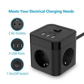 JSVER Steckdosenleiste Würfel USB Mehrfachsteckdose Cube 3 Fach mit 3 USB (15,5W) Steckdosen 3680W mit Schalter für Büro, zu Hause 1,5m Kabel-Schwarz