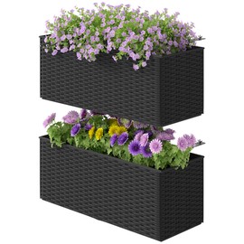 Outsunny Railing Planter Box (2 Pack, 20 Inch), Self-Watering Hanging Flower Pots with Hooks for Fence, Balcony, Garden, Patio, Rattan Look, Black