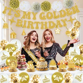Golden Birthday Party Decorations, It's My Golden Birthday Banner Balloons Honeycomb Centerpieces Sash Pom Pom, Golden Birthday Decor for Women Men