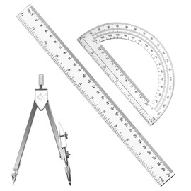 Tdfronien 3 Packs Plastic 12 Inch Ruler,6 Inch Clear Protractor and Compasses Set Student Geometry Math Set for Classroom Set Angle Detector School Supplies Classroom Ruler Home Office Drawings