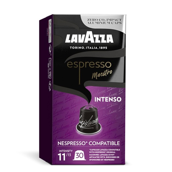 Lavazza, Espresso Maestro Intenso, 30 Aluminium Capsules Compatible with Nespresso Original Machines, Wood, Spice, & Cocoa Notes, Arabica & Robusta, Intensity 11/13, Medium Roasting, Zero CO2 Impact
