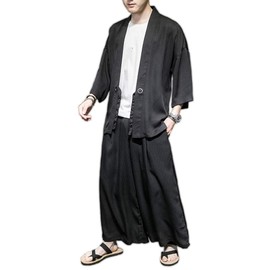 Inotenka Jinbei Men’s Work Clothes, Haori Top and Bottom, Japanese Style, Long Cardigan, 3/4 Sleeves, Loose, Thin, All Year, Festivals, Walks, Roomwear, Sun Protection, Cool Layer, Black, White, Large, Black